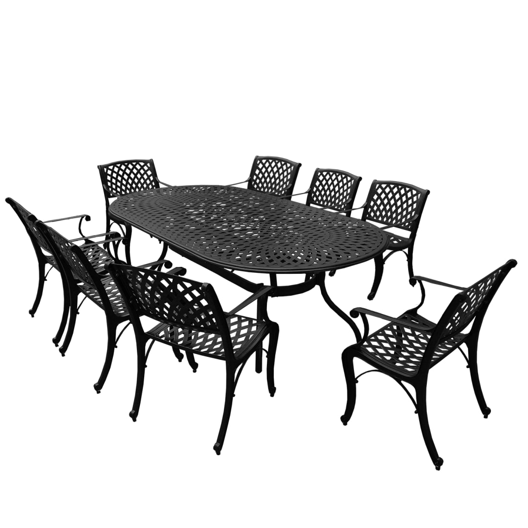 Modern Outdoor Mesh Lattice Aluminum 95-in Large Black Oval Patio Dining Set with Eight Arm Chairs