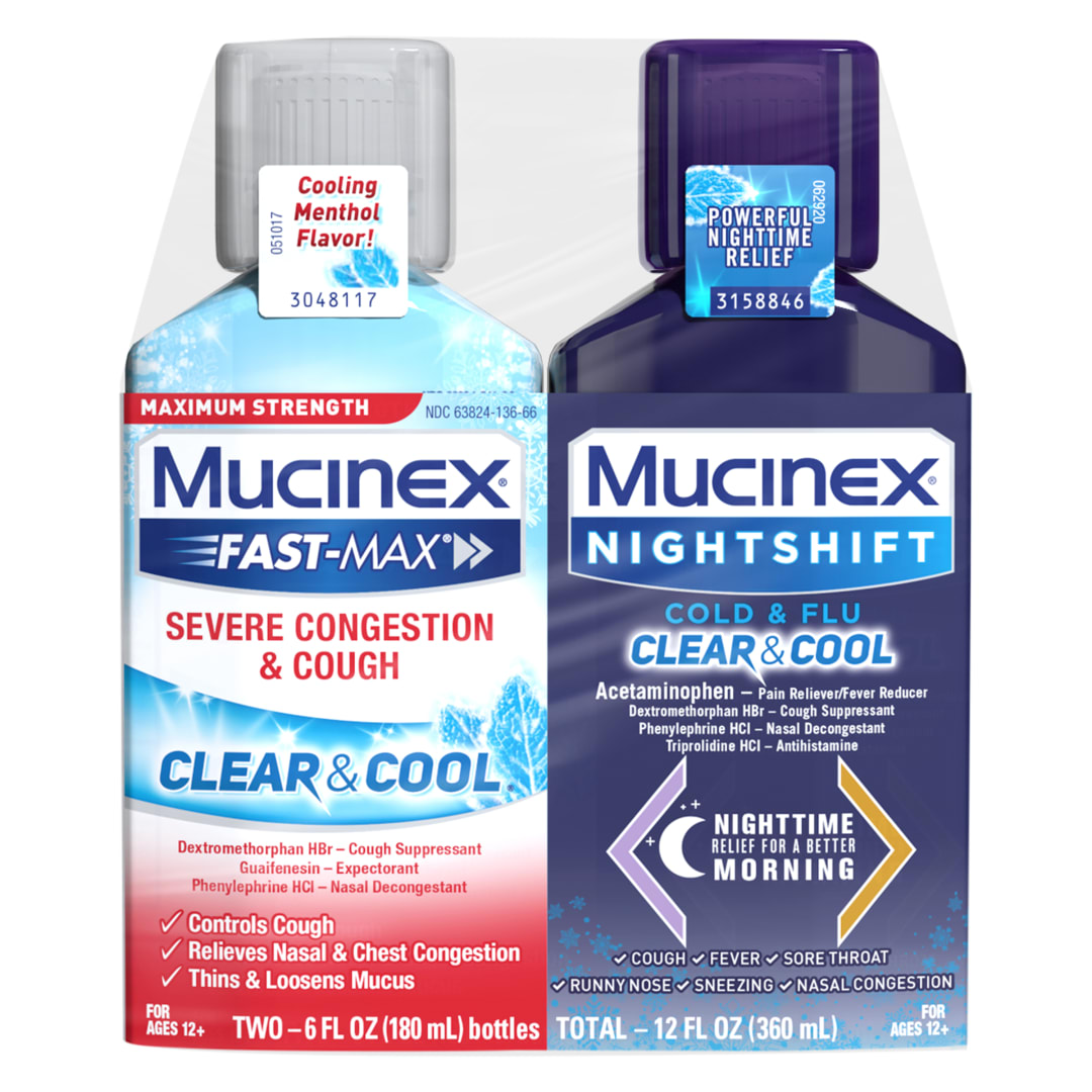 Maximum Strength* MUCINEX® FAST-MAX® Severe Congestion & Cough Clear & Cool & MUCINEX® Nightshift ® Cold & Flu Clear & Cool 3/(2x6) oz.