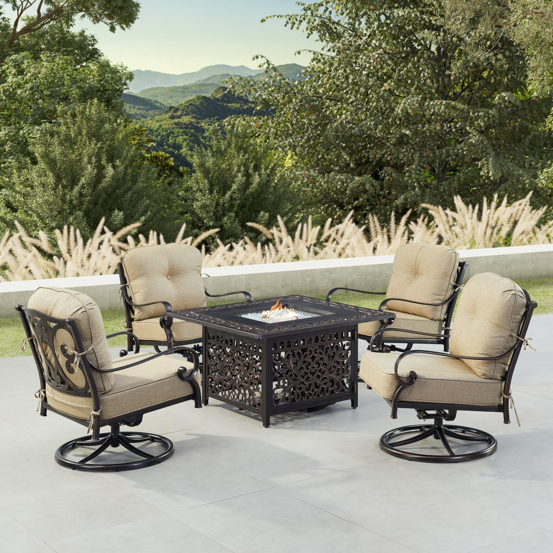 Black Aluminum Patio Fire Table Set with Four Club Chairs