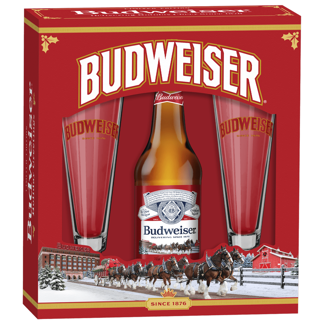 Budweiser Holiday 2025 Gift pack, Budweiser Lager Beer 18 fl oz Glass Bottle 5% ABV, and 2 Pint Glasses