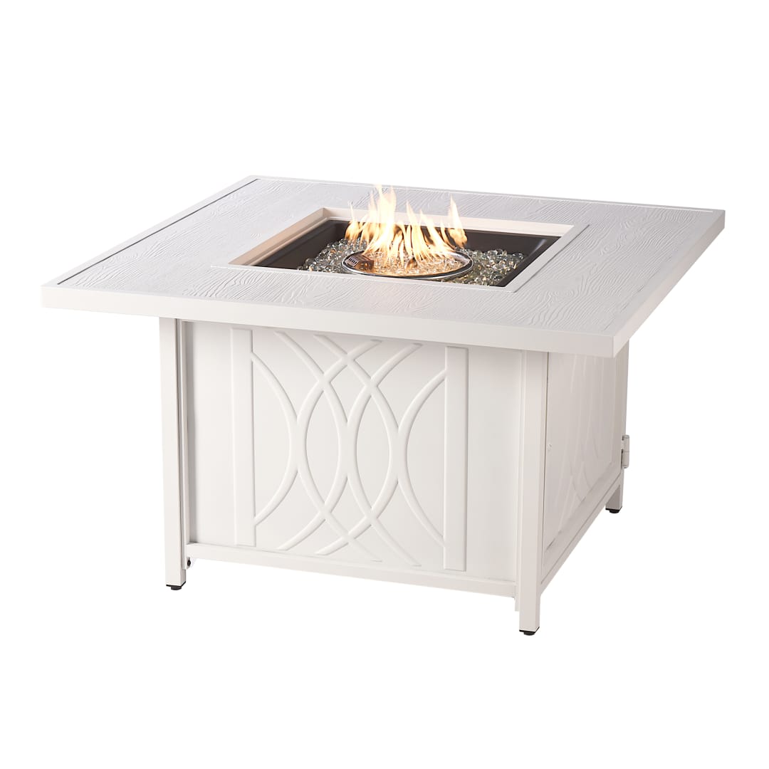 Square 42 in. x 42 in. Aluminum Propane Fire Pit Table with Glass Beads, Two Covers, Lid, 55,000 BTUs in White Finish