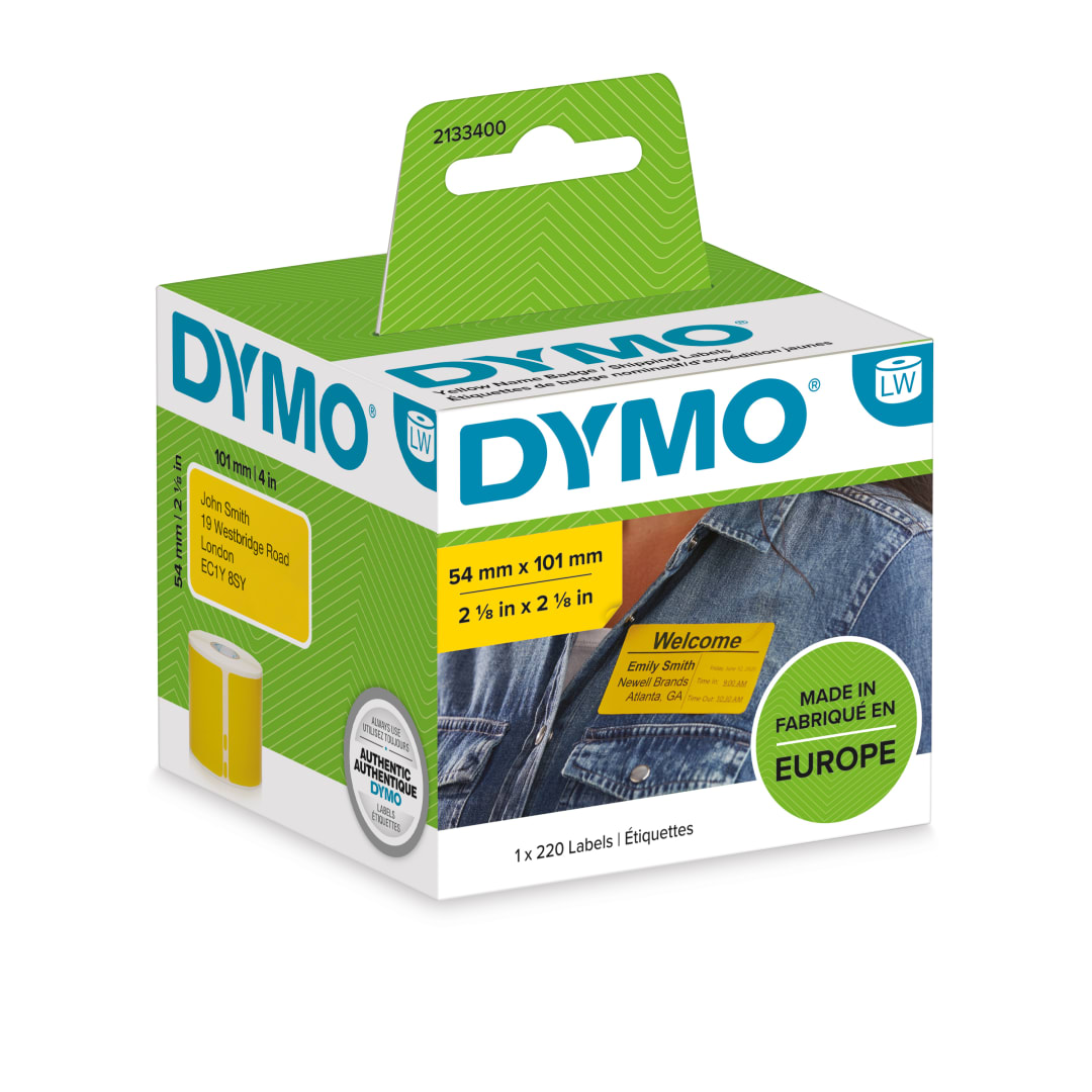 DYMO autnticos etiquetas de envo grandes / distintivos de identificacin LW | Negro sobre amarilla | 54 mm x 101 mm | Rollo de 220 etiquetas Easy-Peel autoadhesivo | para rotuladoras LabelWriter