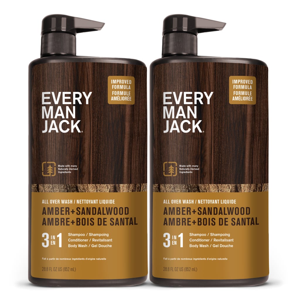 Every Man Jack Amber + Sandalwood Hydrating Mens 3-in-1 All Over Wash for All Skin and Hair Types - Body Wash, Shampoo and Conditioner with Naturally Derived Ingredients - 28.8oz (2 Pack)