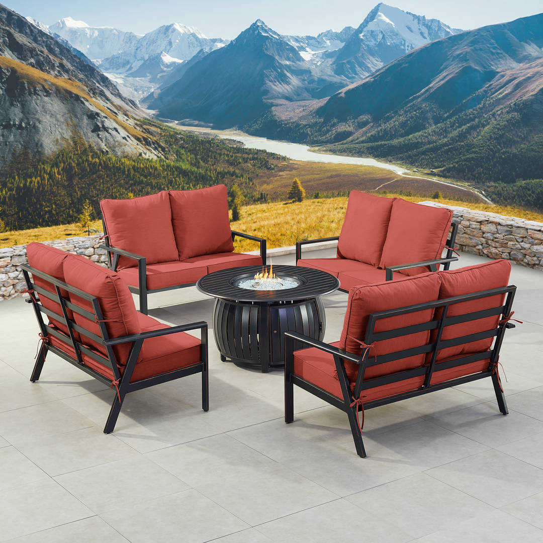 Black Aluminum Patio Fire Table Set with Four Deep Seating Loveseats with Cushions