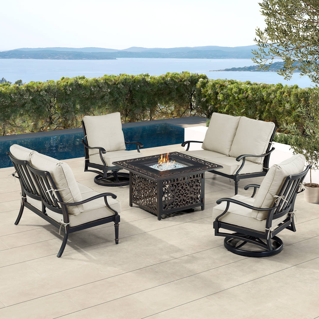 Black Aluminum Patio Fire Table Set with Two Deep Seating Loveseat with Cushions and Two Club Chairs