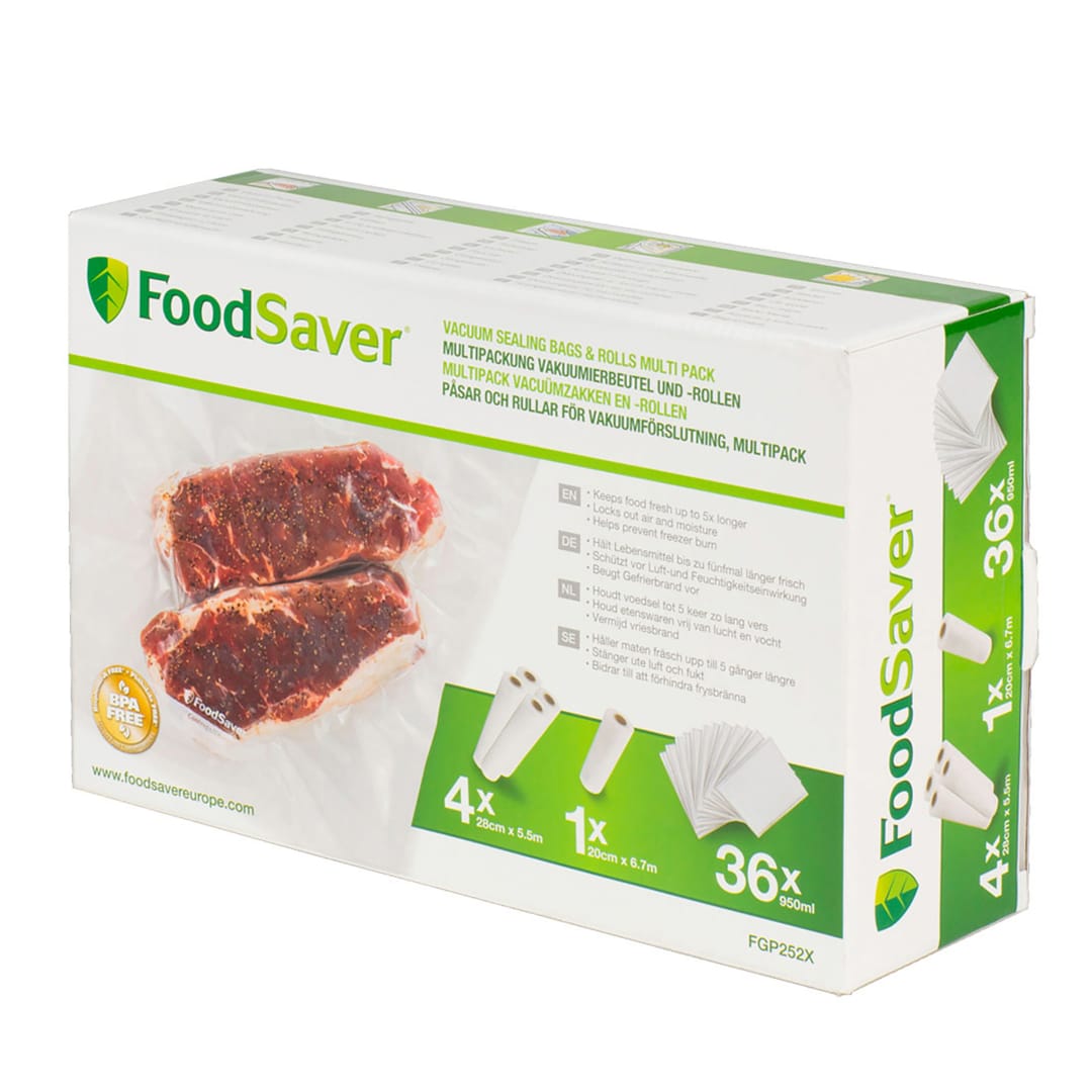 FoodSaver bolsas de envasado al vacío reutilizables | Para dispositivos de envasado al vacío de alimentos FoodSaver | Sin BPA | 4 rollos de bolsas de envasado al vacío (28 cm × 5,5 m) | 1 rollo de bolsas de envasado al vacío (20 cm x 6,7 m) | 36 bolsas de envasado al vacío (950 ml)