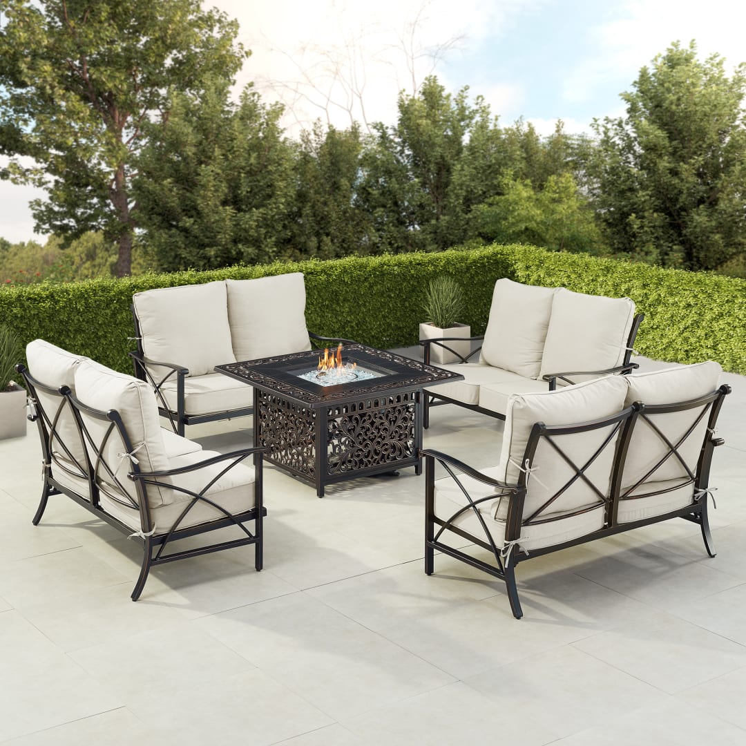 Black Aluminum Patio Fire Table Set with Four Deep Seating Loveseat with Cushions