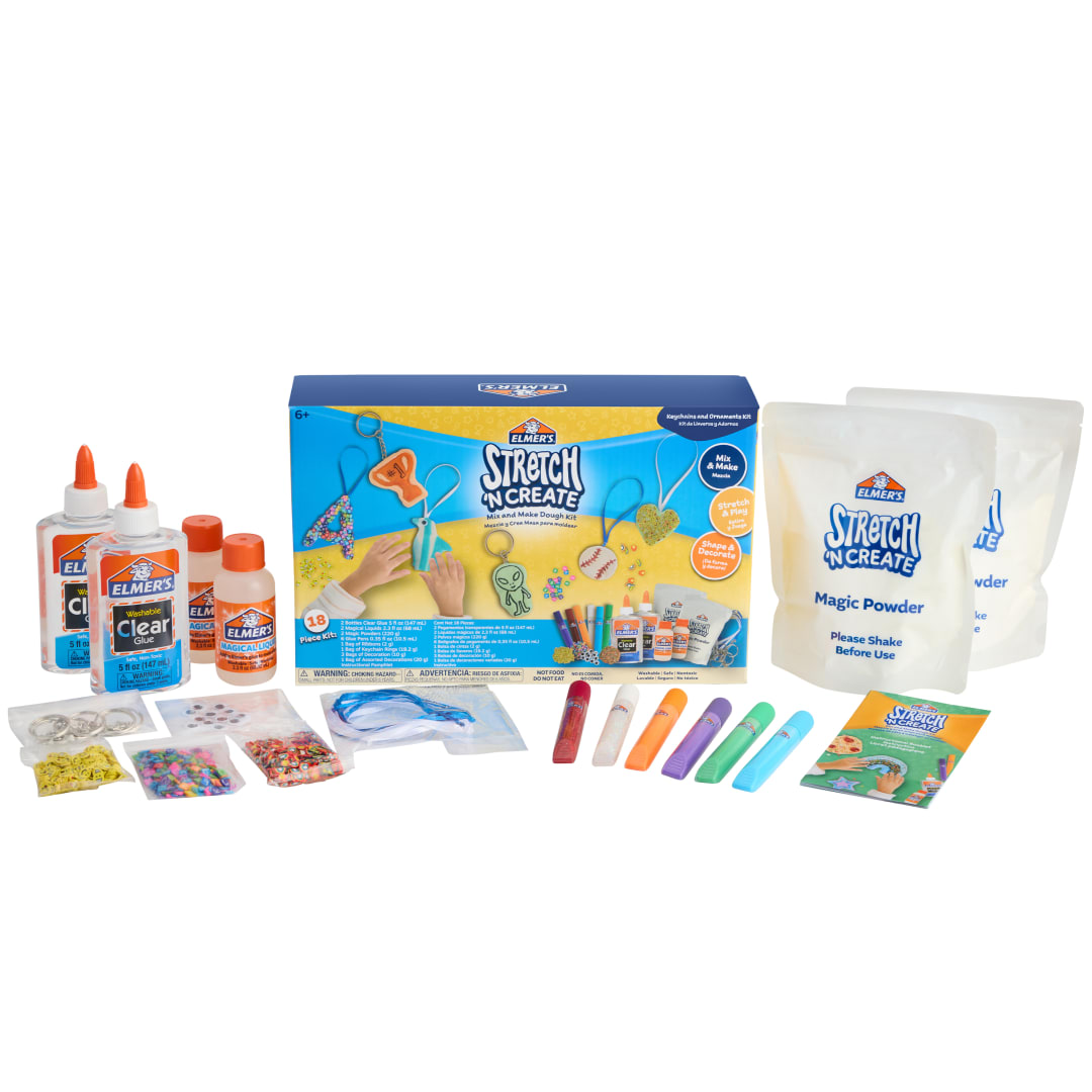 Elmer’s® Stretch N’ Create Kit de Masa, Crea tu propia masa, 3 Maneras de Jugar, Kit de Llaveros y Adornos, 18 Piezas