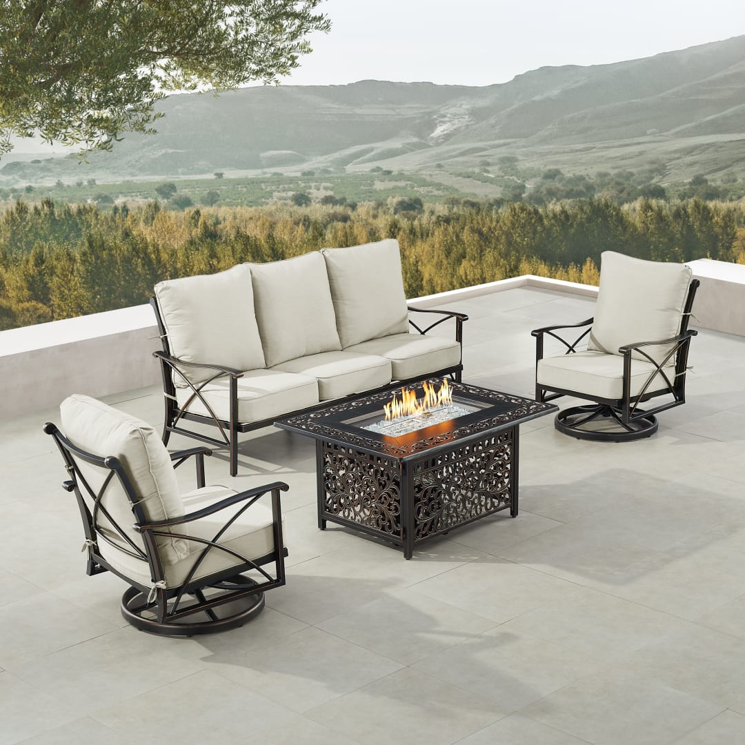 Black Aluminum Patio Fire Table Set with Deep Seating Sofa with Cushion and Two Club Chairs