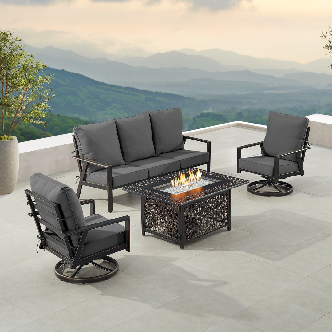 Black Aluminum Patio Fire Table Set with Deep Seating Sofa with Cushion and Two Club Chairs