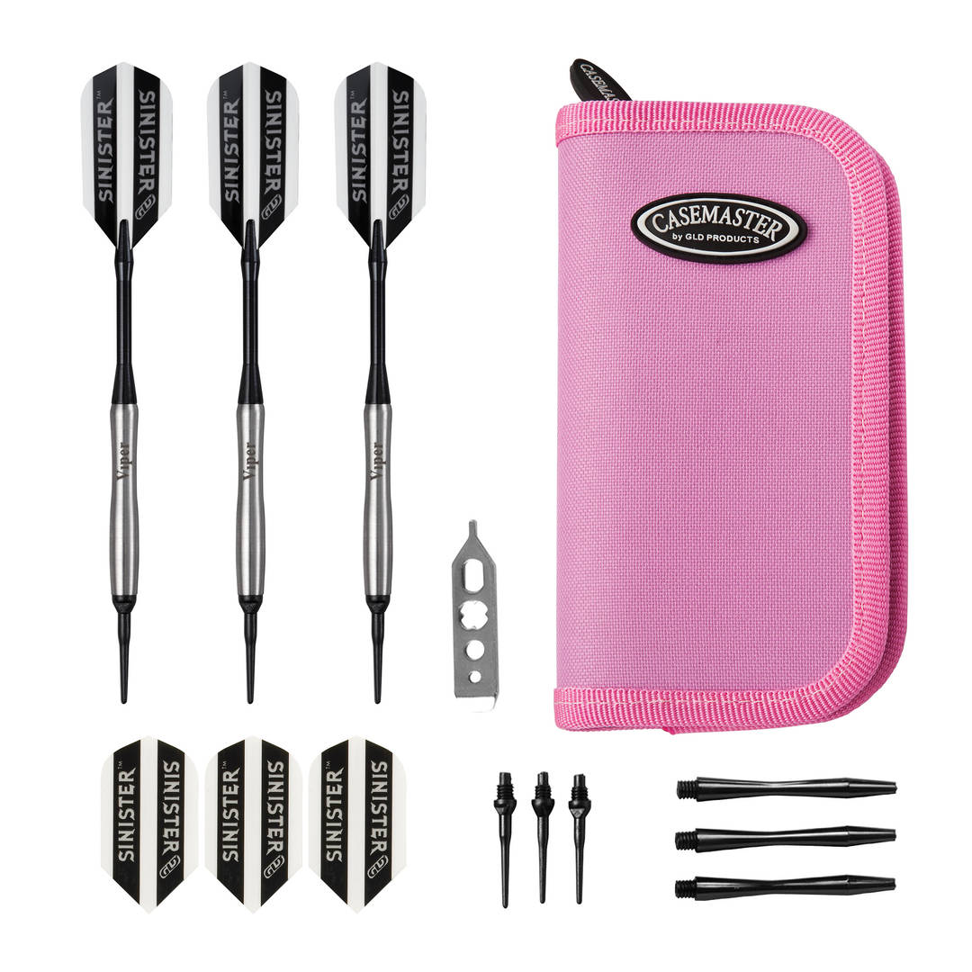 Viper Sinister Tungsten Soft Tip Darts Tapered Barrel 18 Grams and Casemaster Deluxe Pink Nylon Dart Case