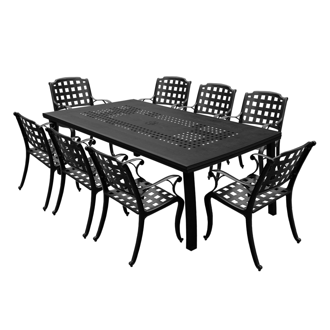 Modern Outdoor Mesh Lattice Aluminum 95-in Black Large Rectangular Patio Dining Set with Eight Arm Chairs