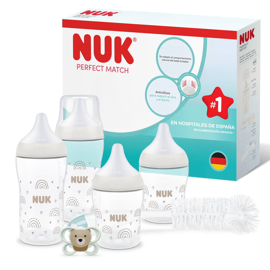 NUK Perfect Match Perfect Start Set de Biberones para Recién Nacidos | 0-6 Meses | 4 Biberones Anticólicos (150 ml, 260 ml), 1 Chupete Air, 1 Cepillo para Biberones | Arcoíris | 6 Piezas