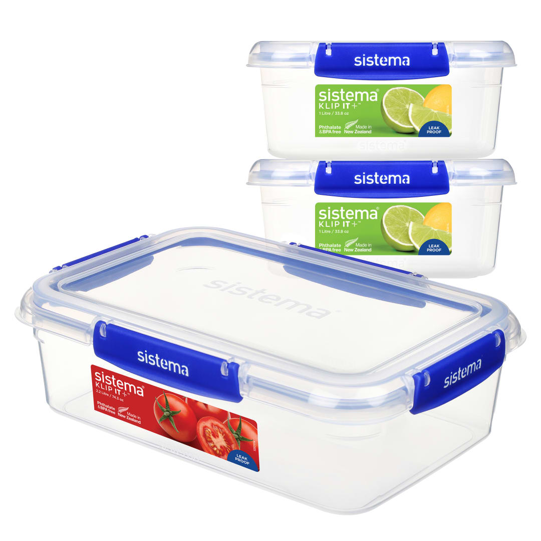 Sistema KLIP Recipientes herméticos para comida IT PLUS | 2 x 1L y 2,2 L | Recipientes con tapa herméticosapilables y encajables | Fiambreras escolares | Sin BPA | 3 unidades
