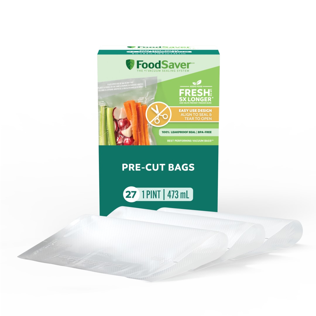 FoodSaver Pint Vacuum Seal Bags, 27 Count Pre-Cut BPA-Free Freezer Bags, Align to Seal & Tear to Open for Food Storage, Sous Vide, and Meal Prep