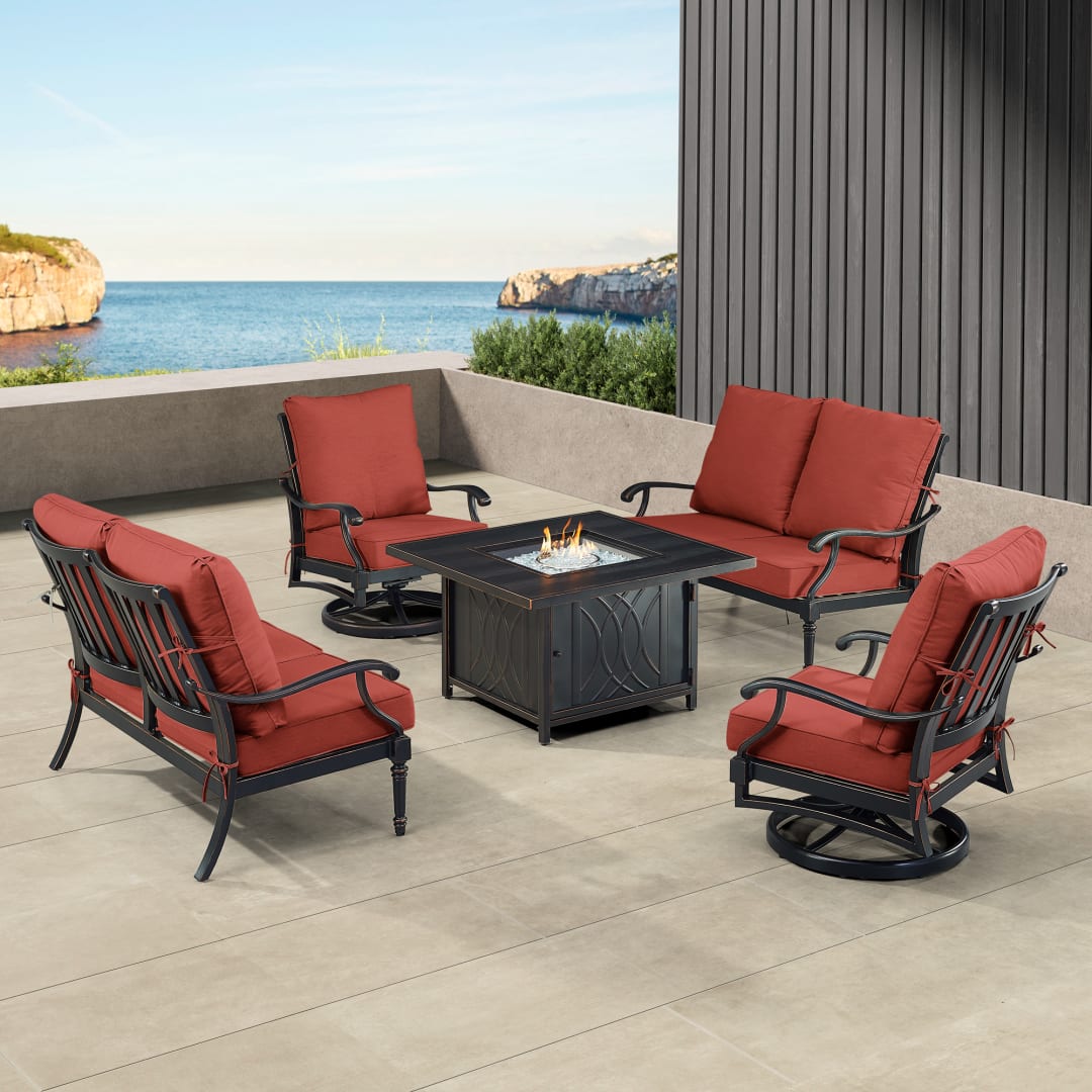 Black Aluminum Patio Fire Table Set with Two Deep Seating Loveseat with Cushions and Two Club Chairs