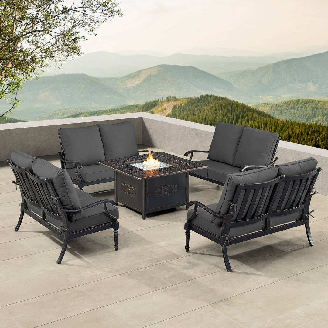 Black Aluminum Patio Fire Table Set with Four Deep Seating Loveseat with Cushions