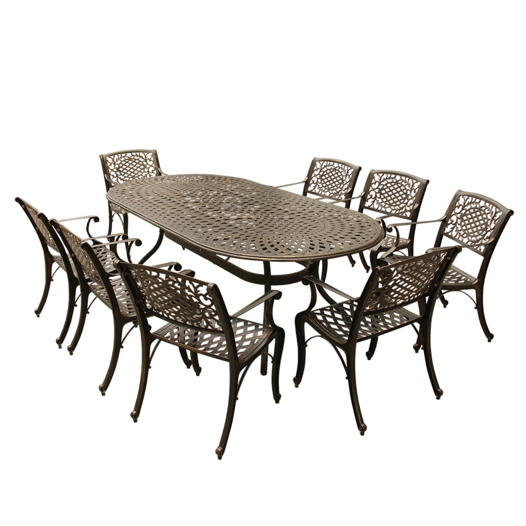 Contemporary Modern Outdoor Mesh Lattice Aluminum 95 inch Bronze Oval Dining Set with Eight Arm Chairs