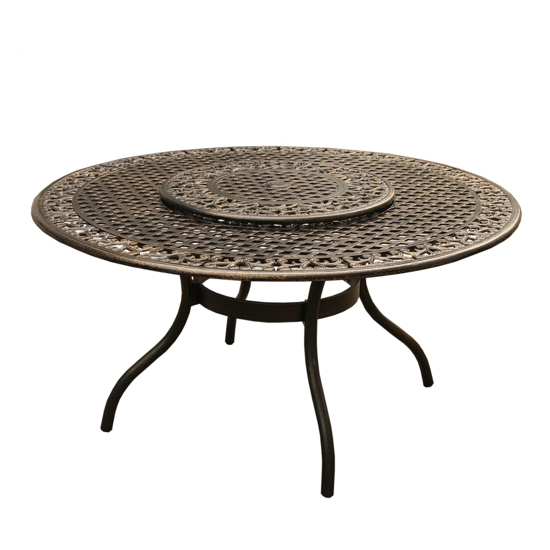 Ornate Traditional Outdoor Mesh Lattice Aluminum 59 inch Bronze Round Dining Table with Lazy Susan