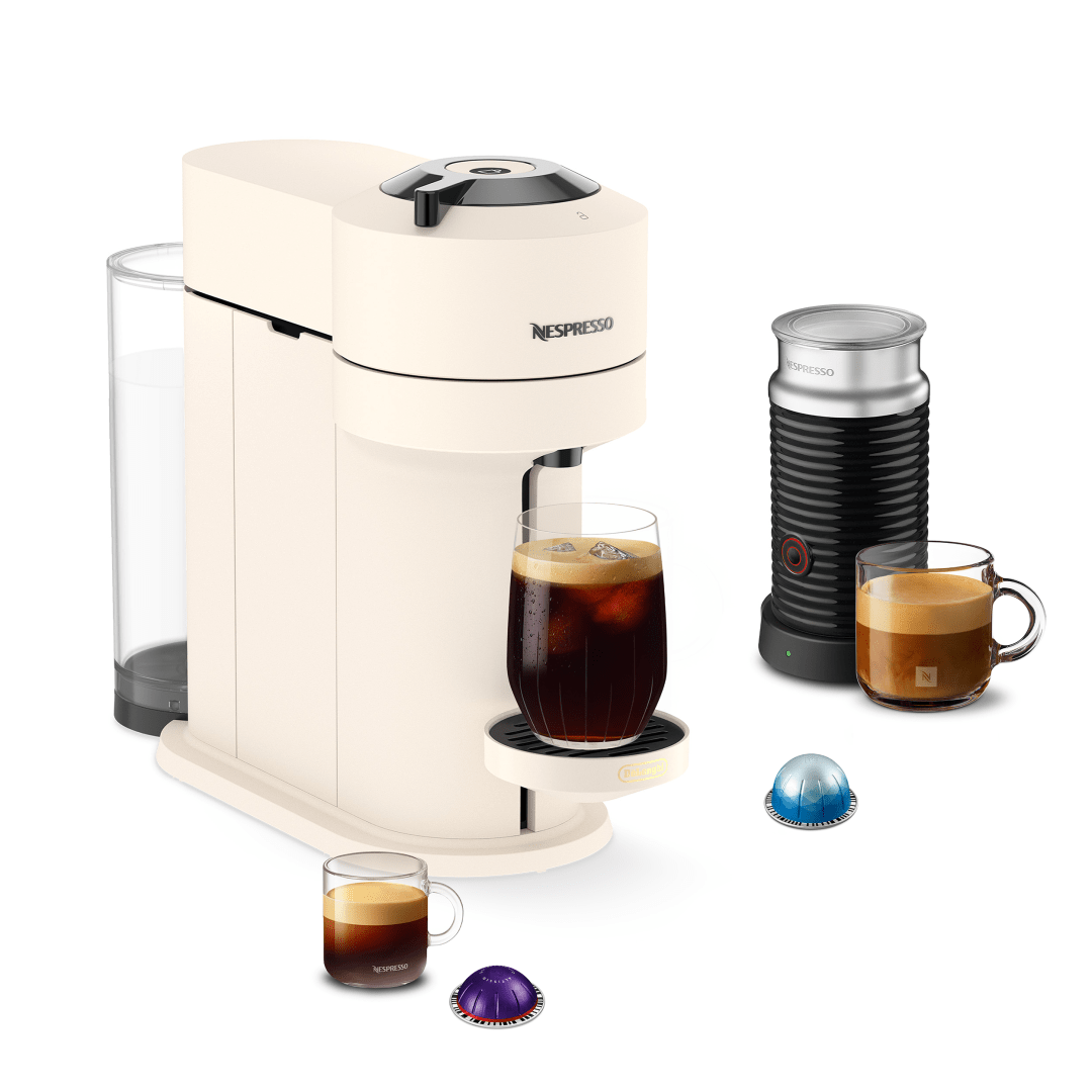 Nespresso Vertuo Next Premium Coffee and Espresso Maker by Breville with Aeroccino Milk Frother, Creamy White Dark Chrome