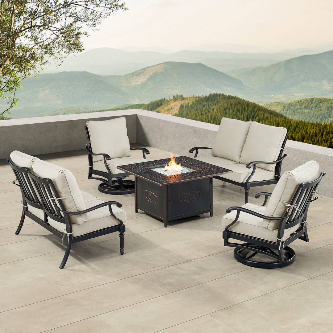 Black Aluminum Patio Fire Table Set with Two Deep Seating Loveseat with Cushions and Two Club Chairs