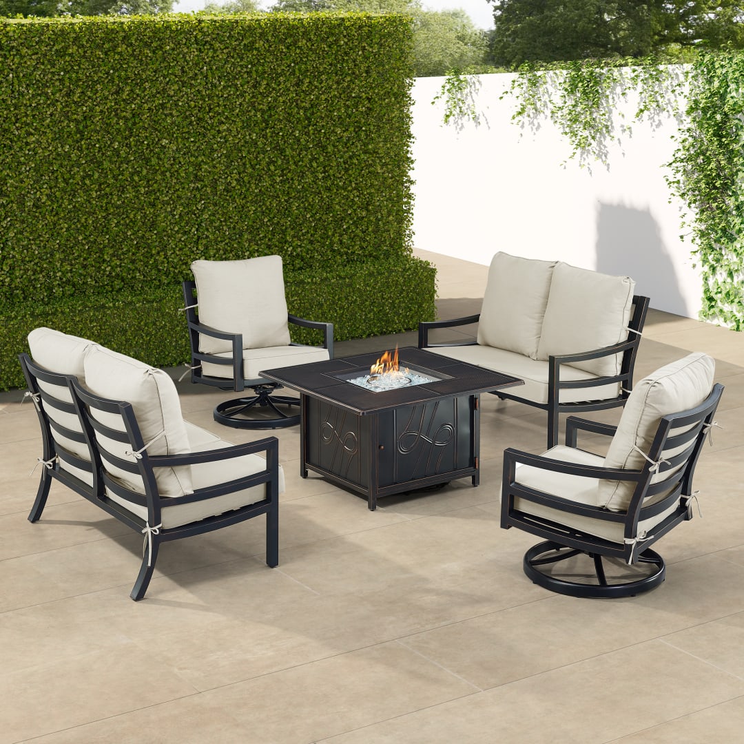 Black Aluminum Patio Fire Table Set with Two Deep Seating Loveseat with Cushions and Two Club Chairs