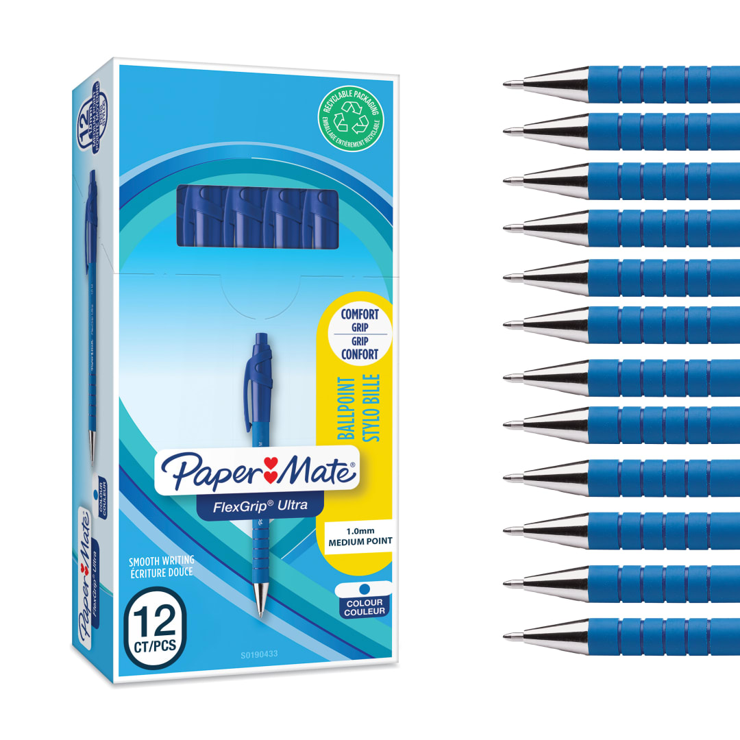 Paper Mate Flexgrip Ultra bolígrafo retráctil | punta mediana (1,0 mm) | azul | Material escolar | caja de 12