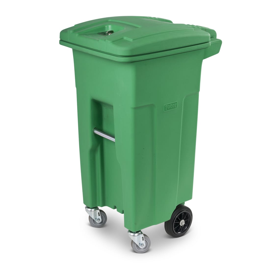 32 Gal. Lime Green Organics Trash Can with Wheels and Lid (2 caster wheels 2 stationary wheels)