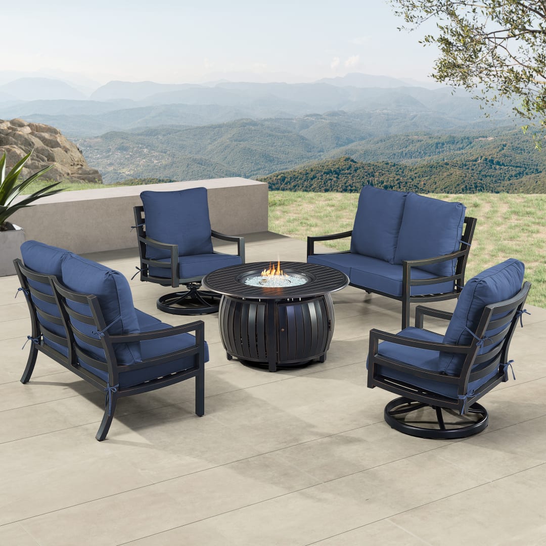 Black Aluminum Patio Fire Table Set with Two Deep Seating Loveseat with Cushions and Two Club Chairs