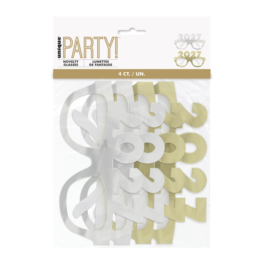 Gold &amp; Silver Foil "2027" Novelty Glasses, 4ct