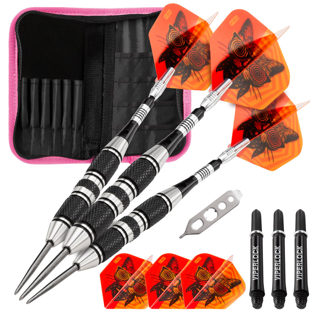 Viper The Freak Steel Tip Darts 3 Knurled Rings Barrel 22 Grams and Casemaster Deluxe Pink Nylon Dart Case
