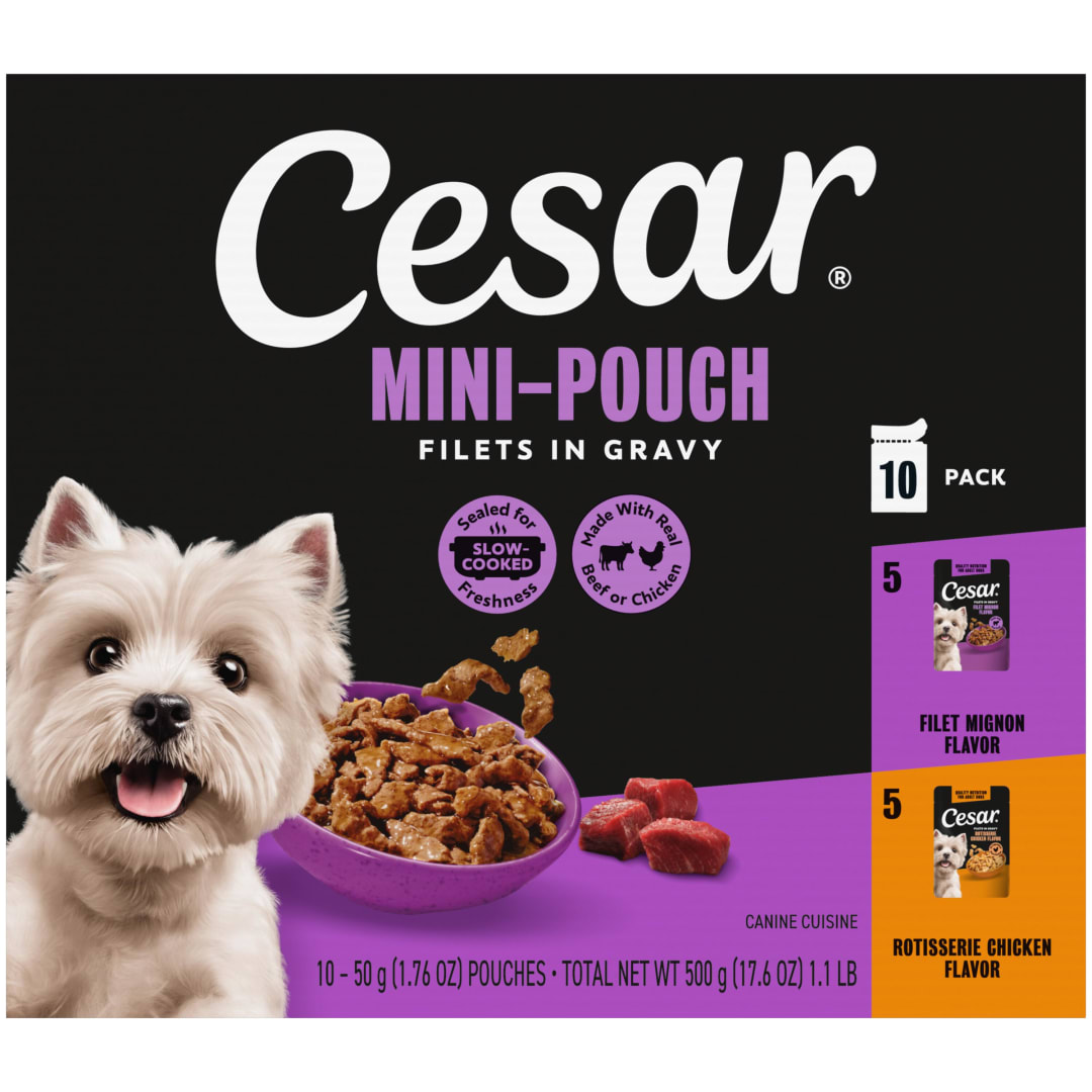 Cesar Filets in Gravy Beef and Chicken Flavors Wet Dog Food, 1.76 oz Mini-Pouches, 10 Ct