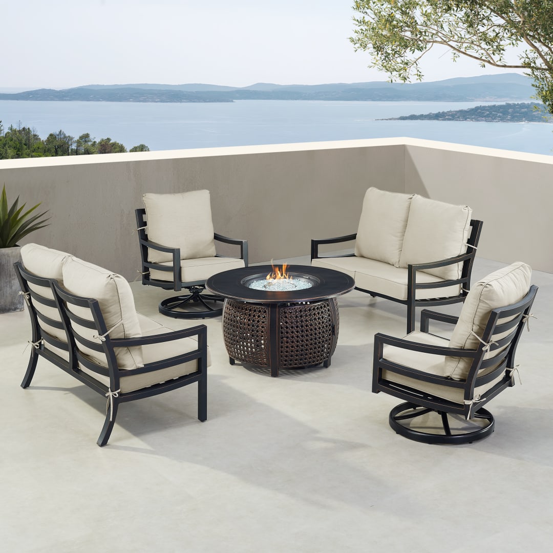 Black Aluminum Patio Fire Table Set with Two Deep Seating Loveseat with Cushions and Two Club Chairs