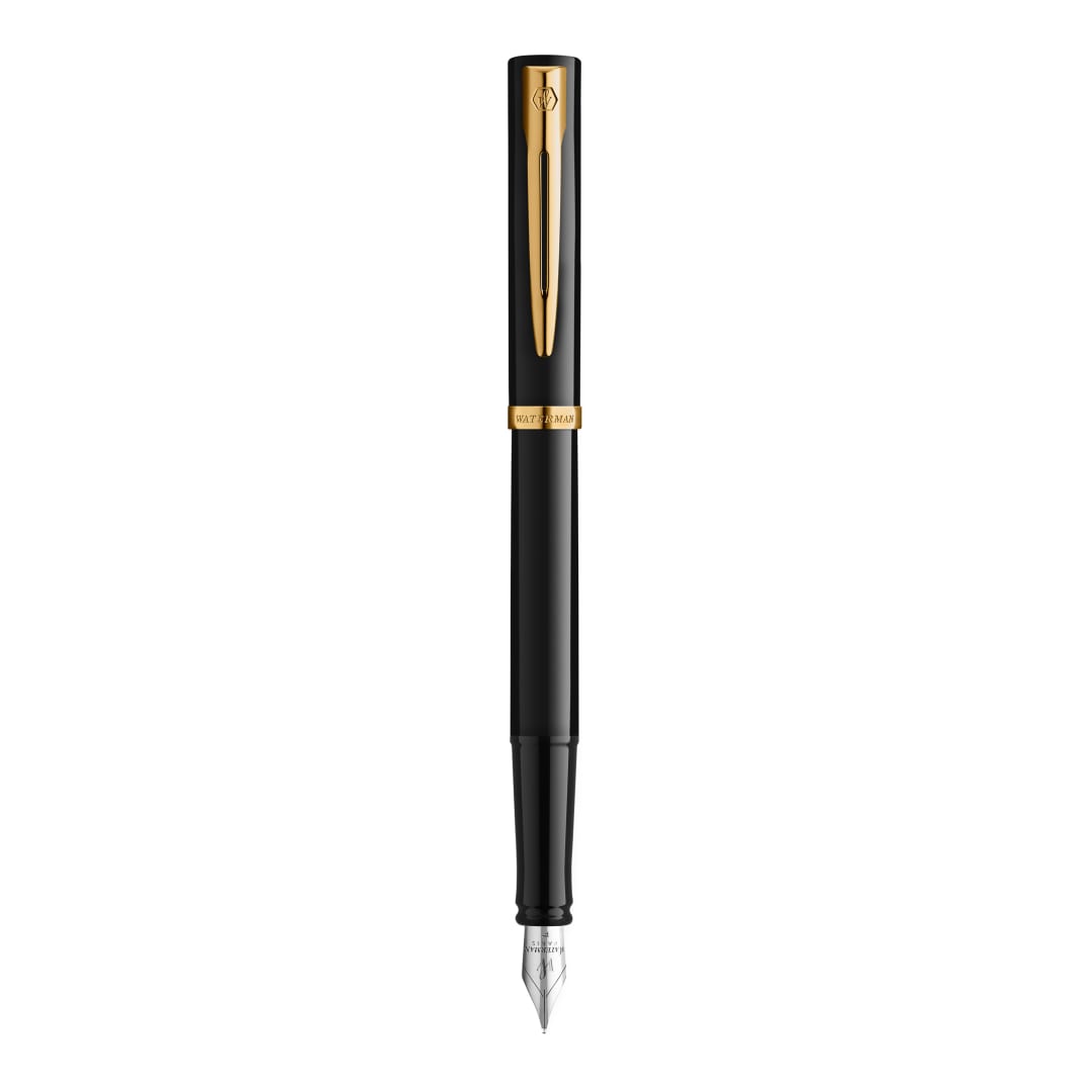 Waterman Impression Pluma estilográfica | Plumín medio con recarga de tinta azul | Laca negra con adornos chapados en oro | Caja de regalo