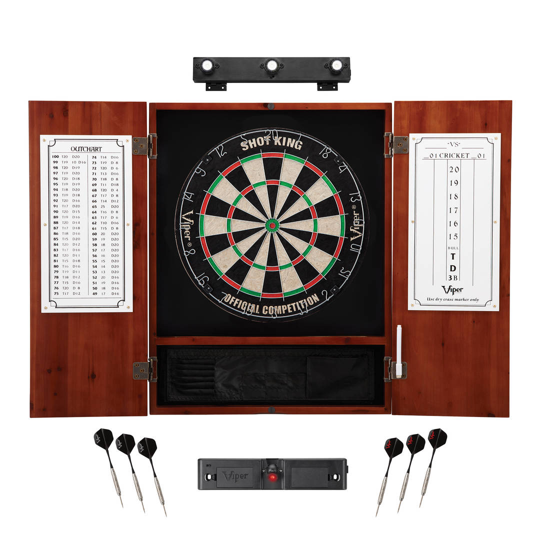Viper Shot King Sisal Dartboard, Metropolitan Cinnamon Cabinet, Shadow Buster Dartboard Lights & Throw Line Light Marker