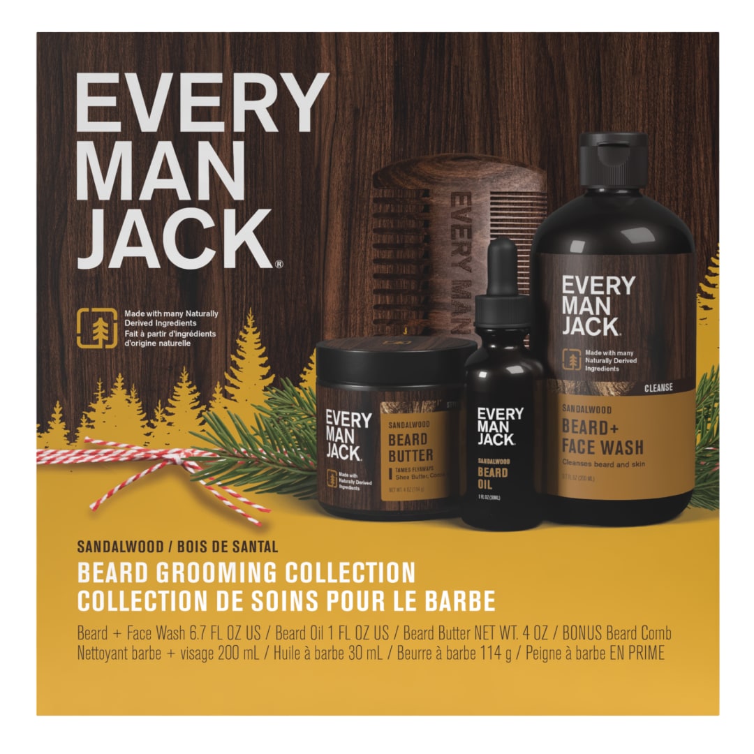 Every Man Jack Sandalwood Beard Kit Holiday Gift Set for Men, Face Wash, Beard Butter, Beard Oil & Comb