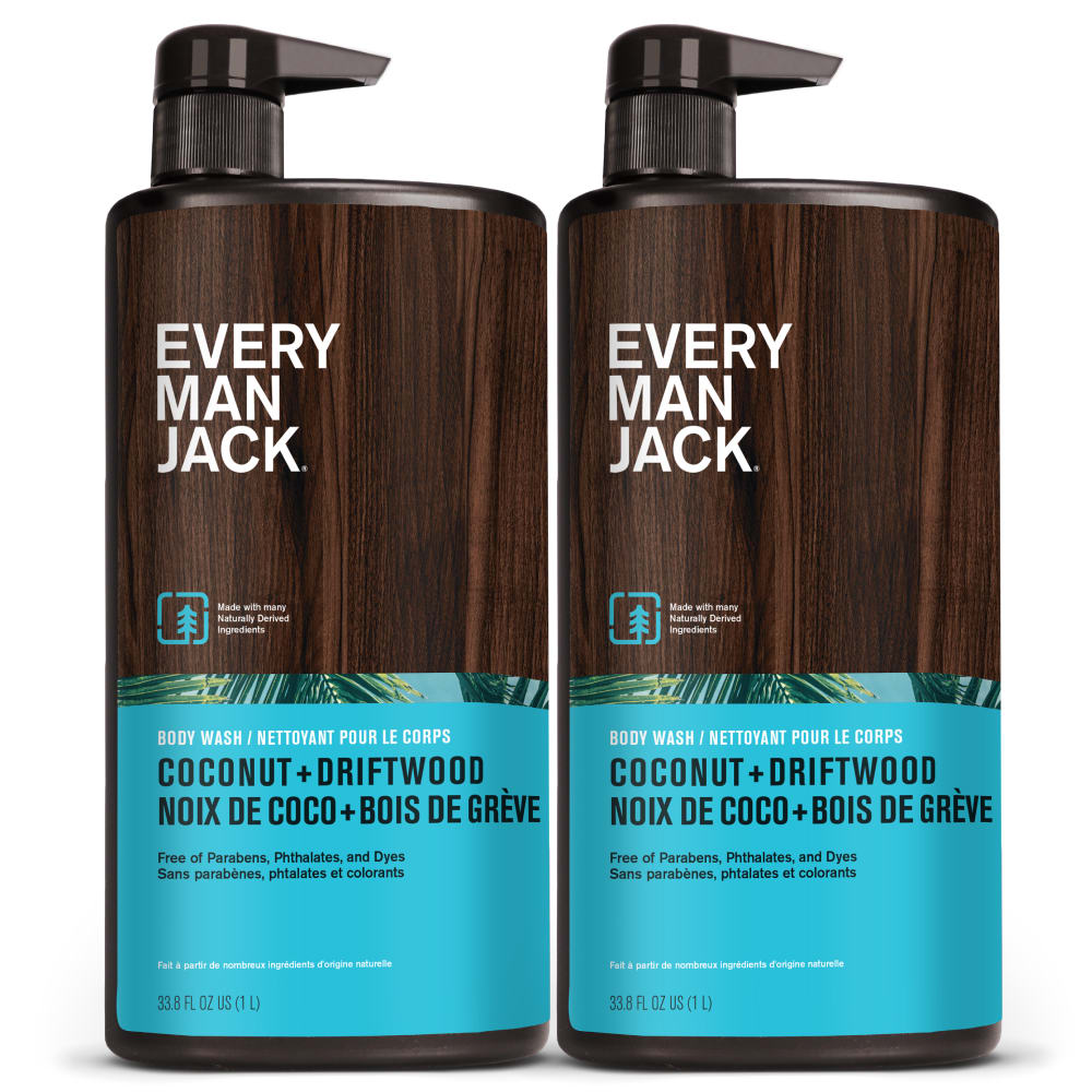 Every Man Jack Coconut + Driftwood Mens Body Wash for All Skin Types - Cleanse, Hydrate, and Smell Great - Free of Parabens, Phtalates, and Dyes - 33.8 fl oz (2 Pack)