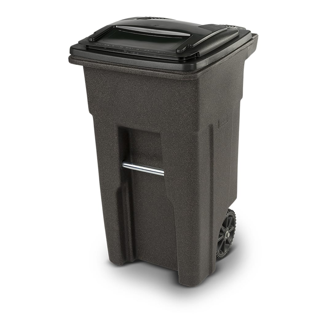 32 Gal. Brownstone Trash Can with Wheels and Attached Lid