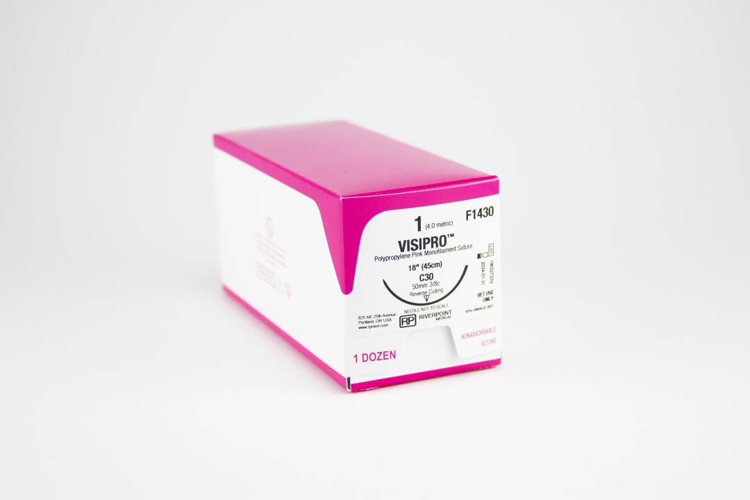 VisiPro PP Large Animal Suture, USP 1 with 50mm C30 Reverse Cutting 3/8 Circle Needle, Fluorescent Pink, 45cm, Sterile