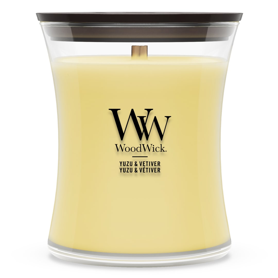 WoodWick Vela perfumada | Vela de tamaño mediano en forma de reloj de arena | Yuzu & Vetiver | Regalos perfectos para mujeres