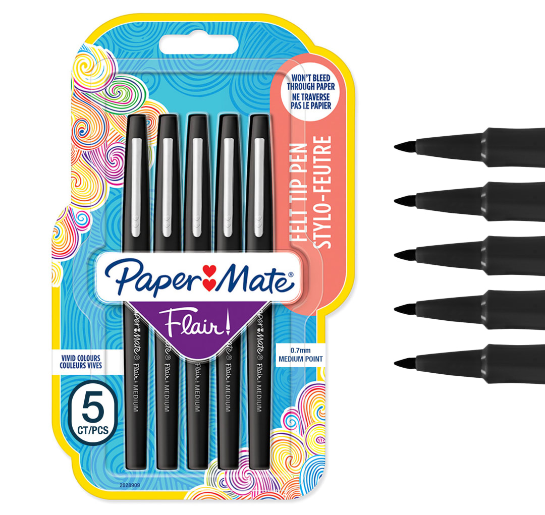 Paper Mate Flair rotuladores de punta de fieltro | punta mediana (0.7 mm) | negro | paquete de 5