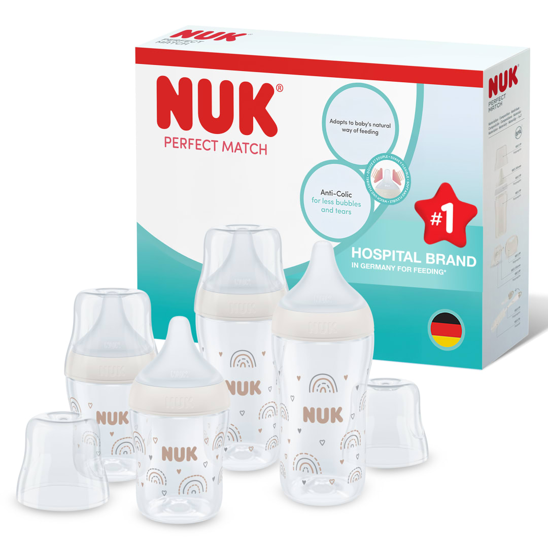 NUK Perfect Match Baby Bottles Set, 3+ Months, Adapts to Baby's Palate, Temperature Control, Anti Colic Vent, 150 ml & 260 ml, BPA-Free, Silicone Nipples, Rainbow, 4 Count
