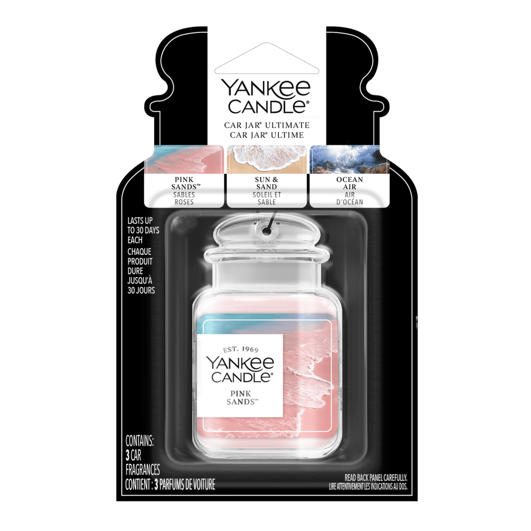 Désodorisant de voiture Yankee Candle Car Jar Ultimate, emballage assorti, 3 parfums (Sables roses, Sable et soleil, Air de l’océan)