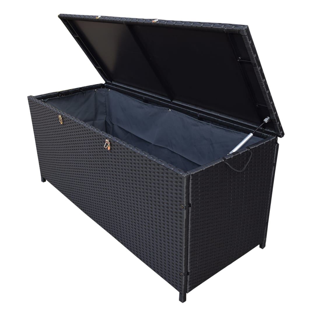 Black Indoor and Outdoor Balcony Patio Deck Porch Pool 113 Gallon Wicker Storage Box Trunk Bin with Metal Frame