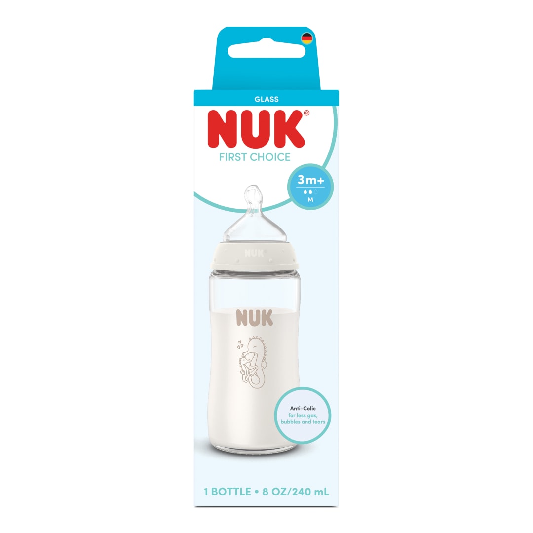 NUK First Choice Baby Bottle, 3+ Months, 240 ml, Anti Colic Feeding Bottle, Glass, Temperature Control Indicator, Seahorse, 1 Count