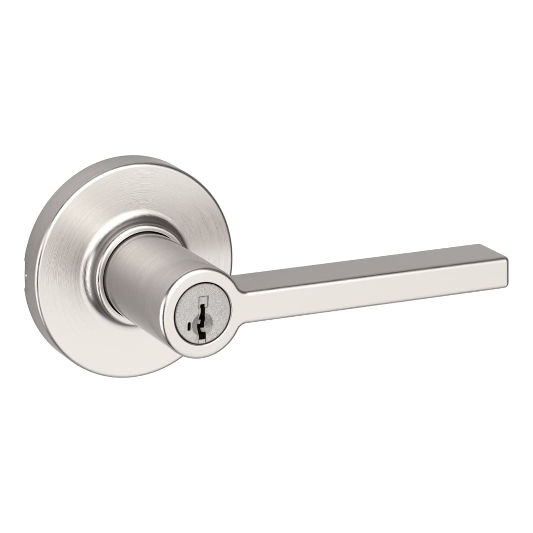 Casey Exterior Keyed Entry Lever- Round Rose in Satin Nickel