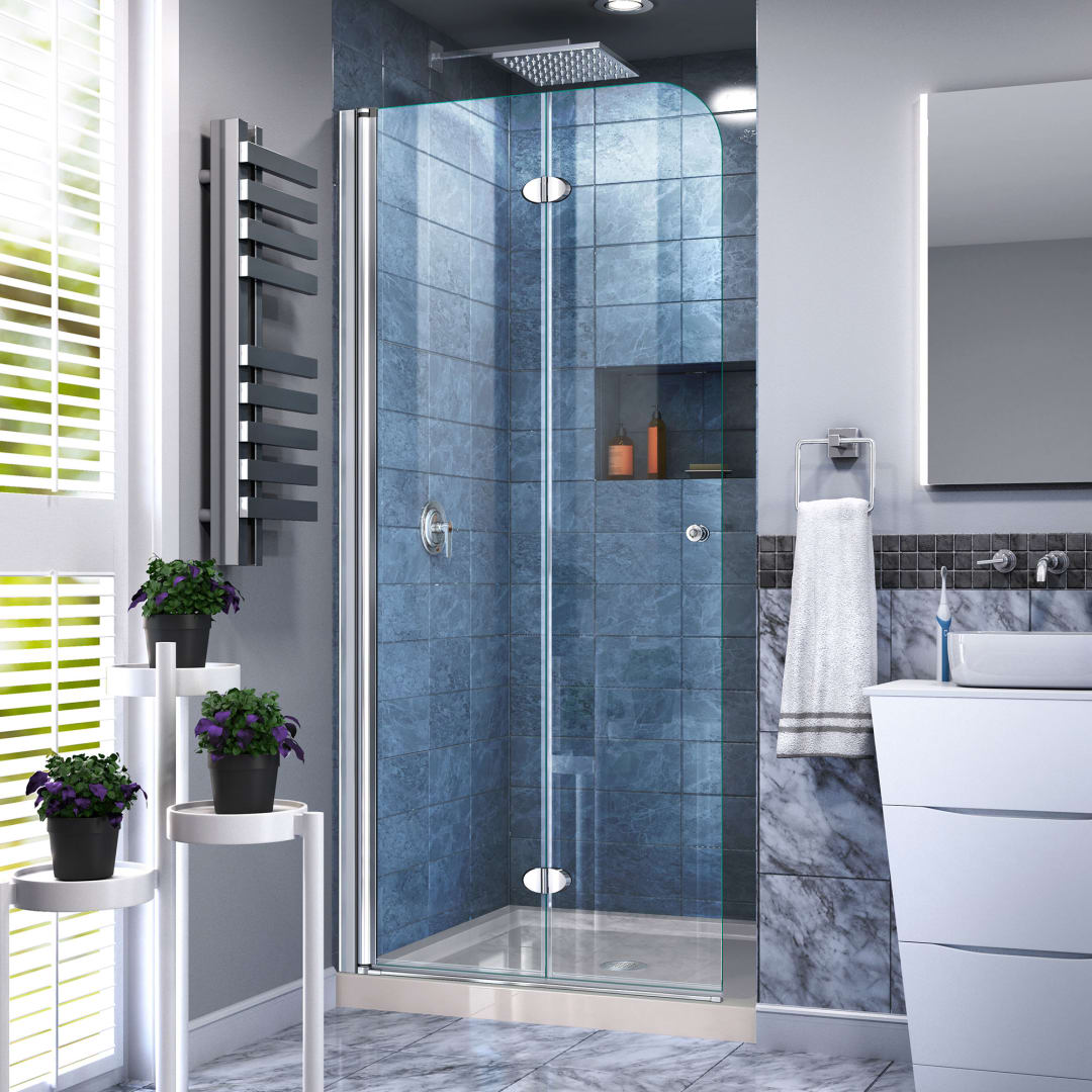 DreamLine Aqua Fold 36 inch D x 36 inch W x 74 3/4 inch H Frameless Bi-fold Shower Door in Chrome with Center Drain Biscuit Shower Base Kit