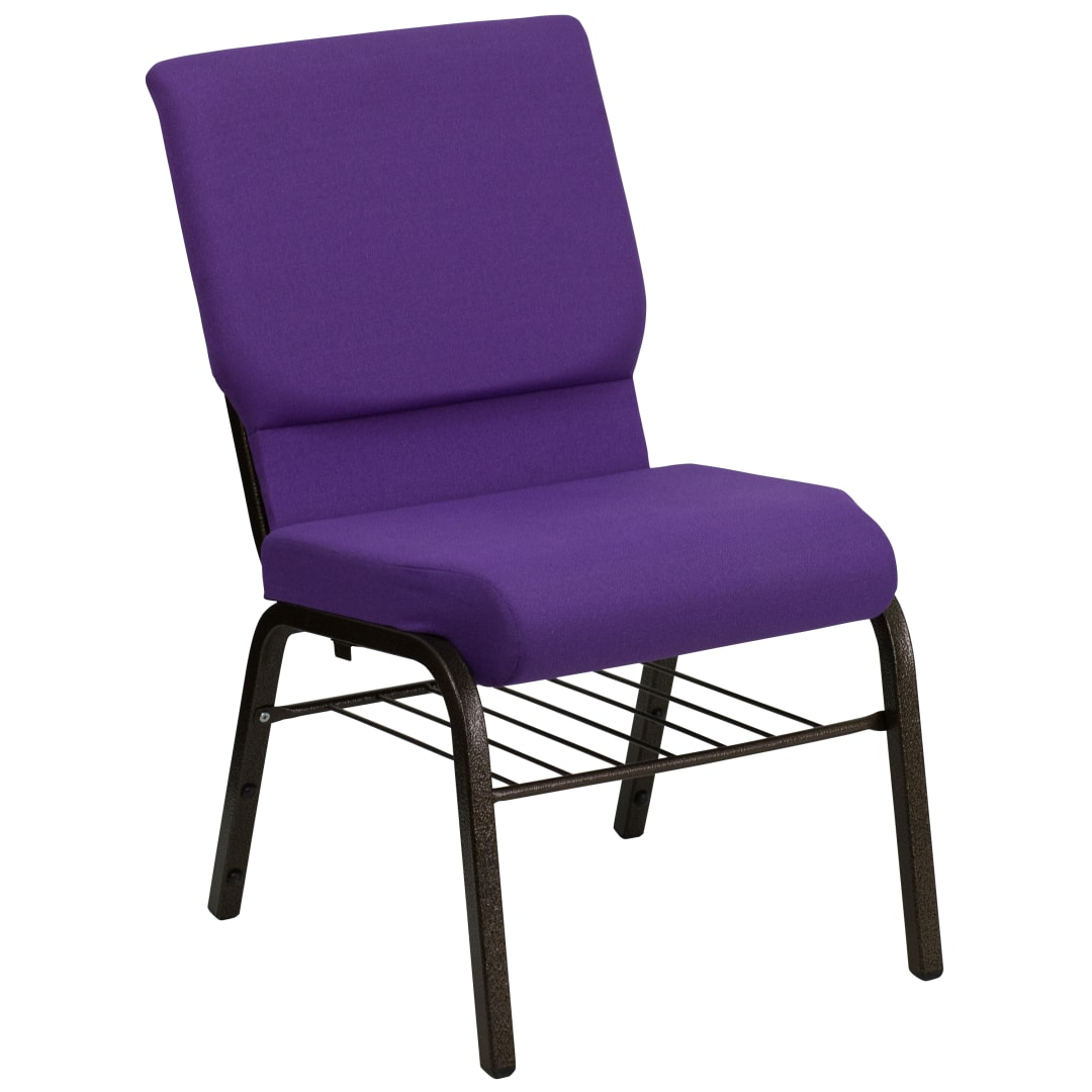 HERCULES Series 18.5''W Church Chair in Purple Fabric with Book Rack - Gold Vein Frame