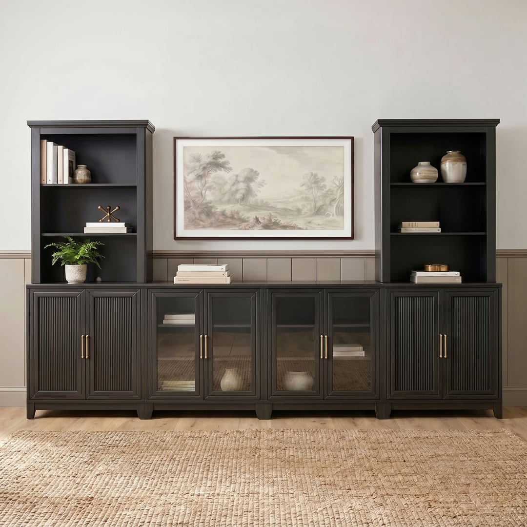 Bedford Fluted 6-Piece Modular Media Center, 2 Fluted Wood Cabinets & Glass Door Cabinets, Soft-Close Hinges,2 Open Shelf Hutches, Black/Gold