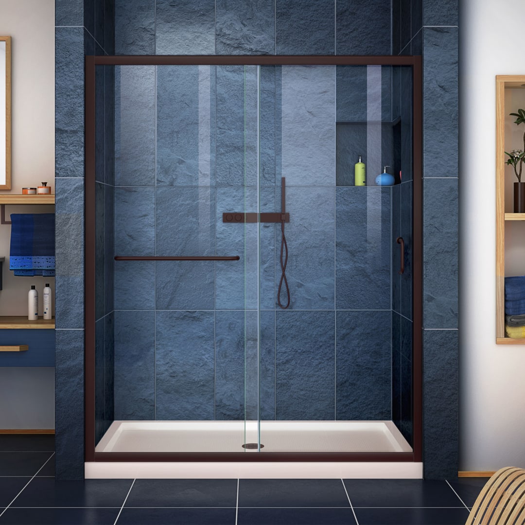 DreamLine Infinity-Z 34 inch D x 60 inch W x 74 3/4 inch H Semi-Frameless Sliding Clear Shower Door in Oil Rubbed Bronze with Center Drain Biscuit Shower Base Kit